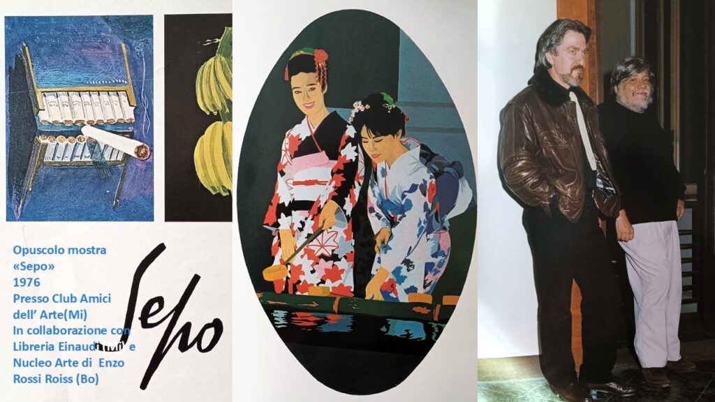 Carlo Rossi  - Al centro: Carlo Rossi, Figure orientali, acrilico su multistrati, cm 156x100. A destra: l’artista con Giorgio Celli nel 1997